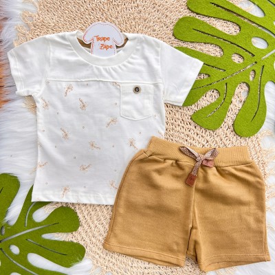 Conj. Camiseta Coqueiros e Bermuda em Moletinho - Off White e Caramelo